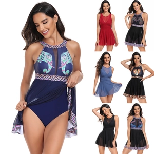 Women's plus size one-piece swimdress with mesh splice and ethnic elephant print