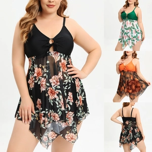 Plus Size Tankini Swimsuit For Women Sexy Floral Print Mesh Skirt V Neck Bathing Suit Top And Boyshorts Bottom Beachwear