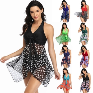 Women's Plus Size Halter Lace-up Mesh Swimdress Split Bikini Two-Piece Swimsuit Nylon Spandex Printed Top And Bottom For Beach