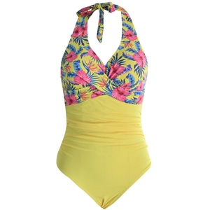 Detail of floral print V-neck swimsuit with ruching and adjustable halter neck tie