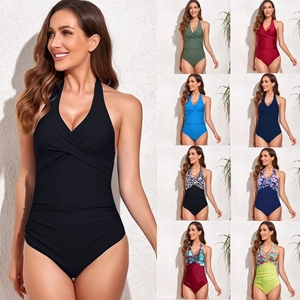 Women Halter One Piece Swimsuit Tummy Control Ruched Criss Cross Bathing Suit Sexy V Neck Backless Monokini Swimwear