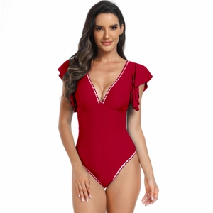 Detail view of dark red one-piece swimsuit featuring ruffled sleeves and v-neck trim