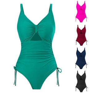 Costume da Bagno Intero Sexy da Donna Con Scollo a V Profondo Cut-out Increspato Coulisse Laterale Tinta Unita Monokini Beachwear