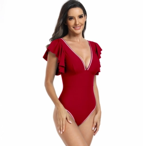Red one-piece swimsuit for women with deep V-neckline and ruffled sleeve details
