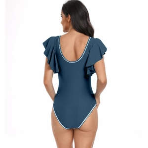 Deep blue one-piece swimsuit featuring elegant ruffle sleeves and a deep U-shaped back