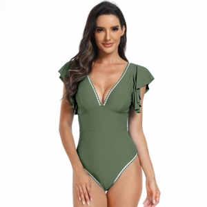 Detail of olive green one-piece swimsuit with V-neck, ruffle sleeves and white embroidery
