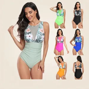 Maillot de Bain Une Pièce pour Femme Imprimé Floral Tropical Assemblage en Résille Froncé Contrôle du Ventre Monokini Sexy