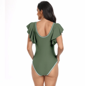 Detail showing olive green one-piece swimsuit with ruffled sleeves and open back design