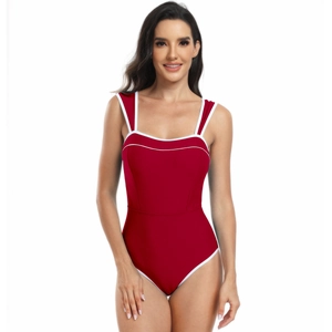 Deep red one-piece swimsuit featuring elegant white trim and square neckline detail