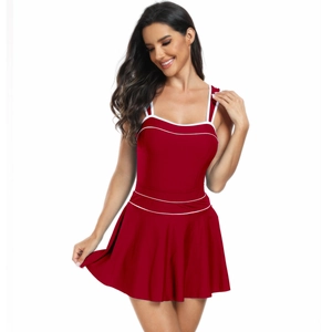 Women's dark red one-piece swimsuit with white trim and a stylish slim fit skirted design
