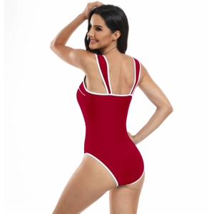 Detail view showing the U-shaped back and white contrast trim on the dark red swimsuit