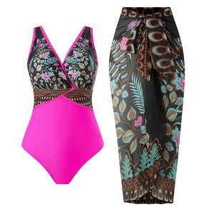 Maillot de bain une pièce col en V et paréo de plage assorti à motif floral