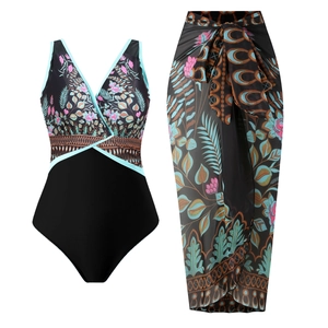 Ensemble maillot de bain une pièce noir et paréo assorti à fleurs tropicales col en V