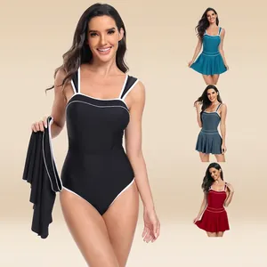 Women Sexy One Piece Swimsuit Skirt Two Piece Set Contrast Piping Sporty Swimwear High Waist Contrast Trim Beachwear