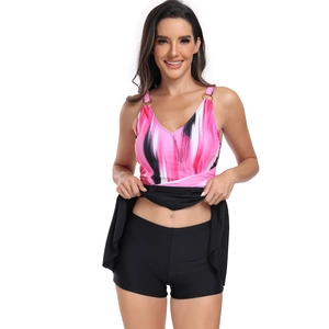 Costume da bagno tankini due pezzi taglie forti con stampa astratta e gonnellino nero