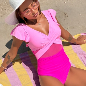 Pink and rose red one-piece swimsuit with ruffle shoulders and V-neckline beachwear