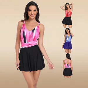 Costume da Bagno Tankini Taglie Forti da Donna Due Pezzi con Anello di Metallo Abito da Nuoto a Righe Floreali e Pantaloncini