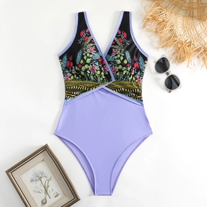 Maillot de bain une pièce à col en V avec imprimé floral et bas violet sur blanc
