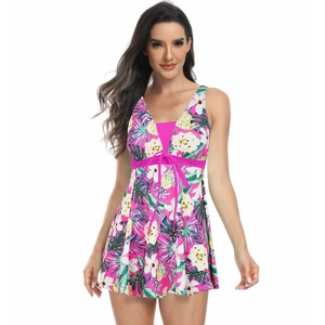 Detail of rose red tropical floral one-piece swimdress with deep V-neck and drawstring bow