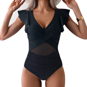Detail of black one-piece swimsuit with deep V-neck, ruffle sleeves and mesh paneling