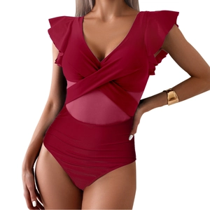Detail of burgundy one-piece swimsuit with ruffle sleeves and sheer mesh patchwork inserts