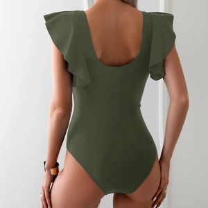 Deep army green one-piece swimsuit featuring ruffled sleeves and a deep U-back design