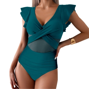 Detail of teal one-piece swimsuit with ruffle sleeves and mesh waist inserts