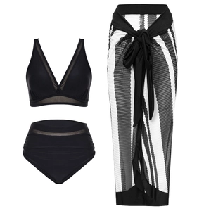 Ensemble bikini 3 pièces avec paréo de plage rayé transparent et culotte haute