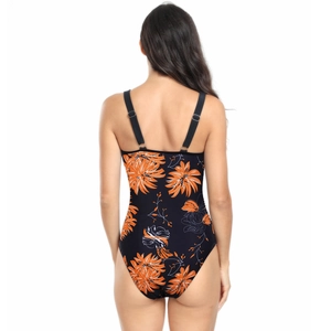 Detailed back view of one-piece swimsuit with orange floral print and adjustable straps