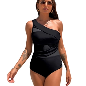 Costume da bagno intero nero monospalla da donna con inserti in rete e vita plissettata