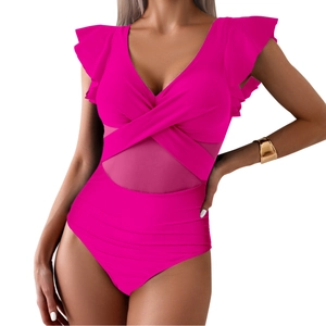 Detail of rose pink one-piece swimsuit with V-neck, ruffle sleeves and mesh panel