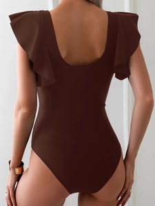 Deep brown one-piece swimsuit featuring elegant ruffle sleeves and an open back design