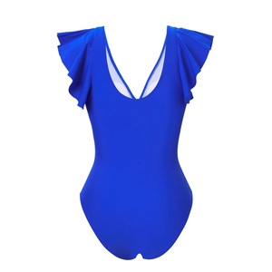 Detail view of royal blue one-piece swimsuit featuring ruffled straps and deep V-back design