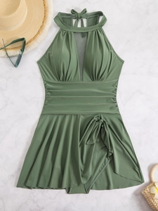 Deep V-neck olive green plus size swimdress with mesh splicing and wrap skirt detail