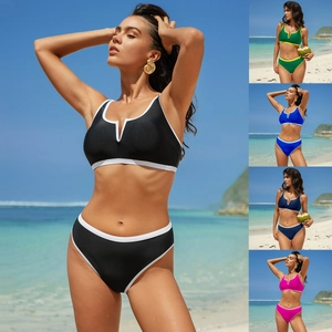 Women Sexy Bikini Set Contrast Piping Sporty Top And Bottom High Waisted Two Piece Swimsuit Nylon Beachwear Swimwear