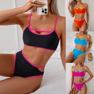 Women Sexy Bikini Set Hollow Out Contrast Color Swimsuit Padded Backless High Waist Nylon Beachwear Swimwear