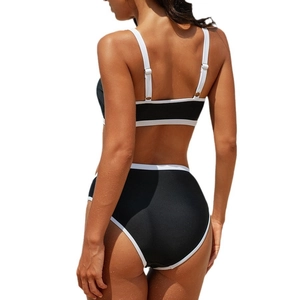 Sexy black and white contrast bikini set with adjustable straps and high waist bottom