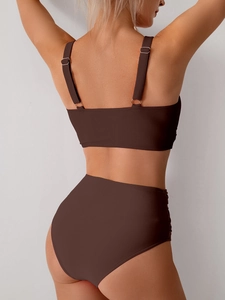 Rear view of brown high-waisted bikini with ruched side details and wide shoulder straps