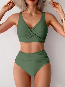 Olive green V-neck twist bikini top and high-waisted pleated bottoms swimsuit set