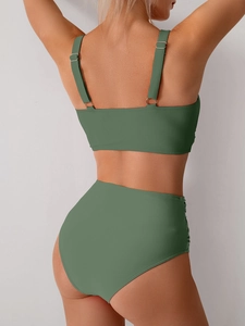 Back view of olive green high waisted bikini set with adjustable straps and metal ring detail