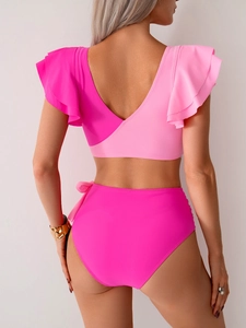 Back view of two-piece bikini with ruffled sleeves and high-waisted pink bottoms