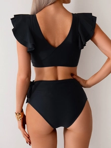 Rear view of black high-waisted bikini with elegant double-layered ruffle sleeve details