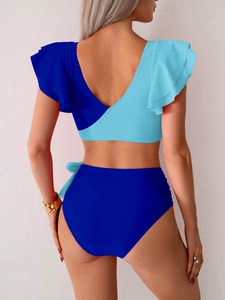 Rear view of two-piece bikini featuring high-waisted navy bottoms and ruffle sleeve design