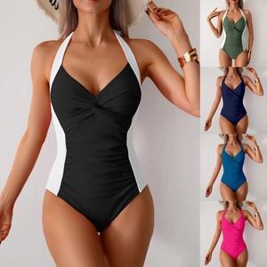 Maillot de bain une pièce noir pour femme avec licou, bordure contrastée et options de couleurs