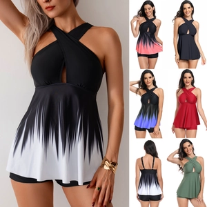 Damen Überkreuzter Neckholder Tankini Top Und Hose Farbverlauf Bescheidener Badeanzug Zweiteiliges Badeoutfit Für Strand