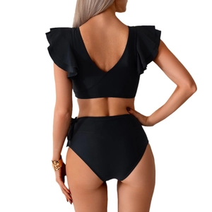 Black two-piece bikini with V-neck ruffled sleeves and high-waisted bottom back view