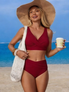 Sexy wine red high waisted bikini set with deep V neck top and ruched bottom for beach