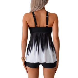 Damen Tankini-Set mit schwarzen Trägern und schwarz-weißem Farbverlauf Rückansicht