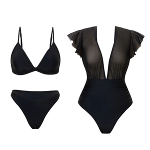 Flachbild des schwarzen dreiteiligen Bikinisets mit Rüschen-Mesh-Monokini