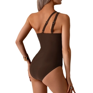 Deep brown one-piece swimsuit with asymmetrical single shoulder straps and open back